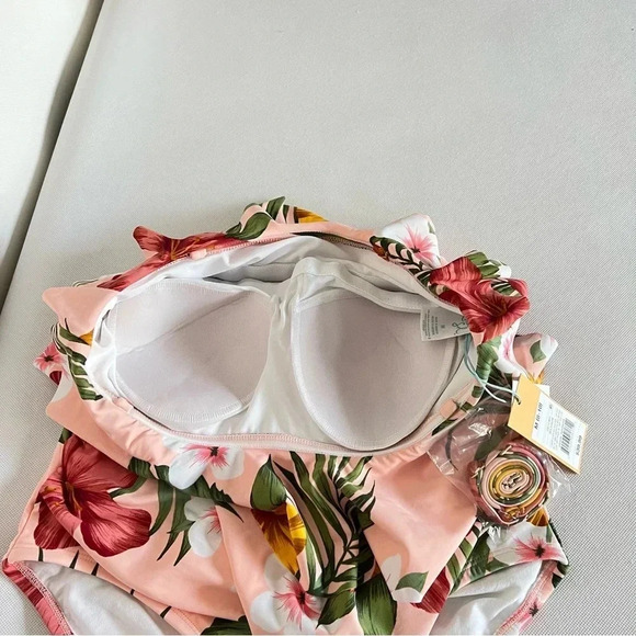 Flounce Front One Piece Swimsuit Kona Sol Hawaiian Floral Removeable Straps - Picture 9 of 15